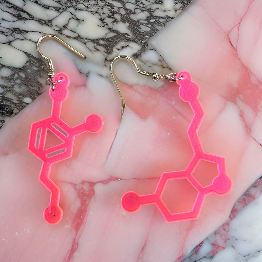 New Seratonin Dopamine Chemical Molecule Hot Pink Neon Dangle Earrings Goth Rave